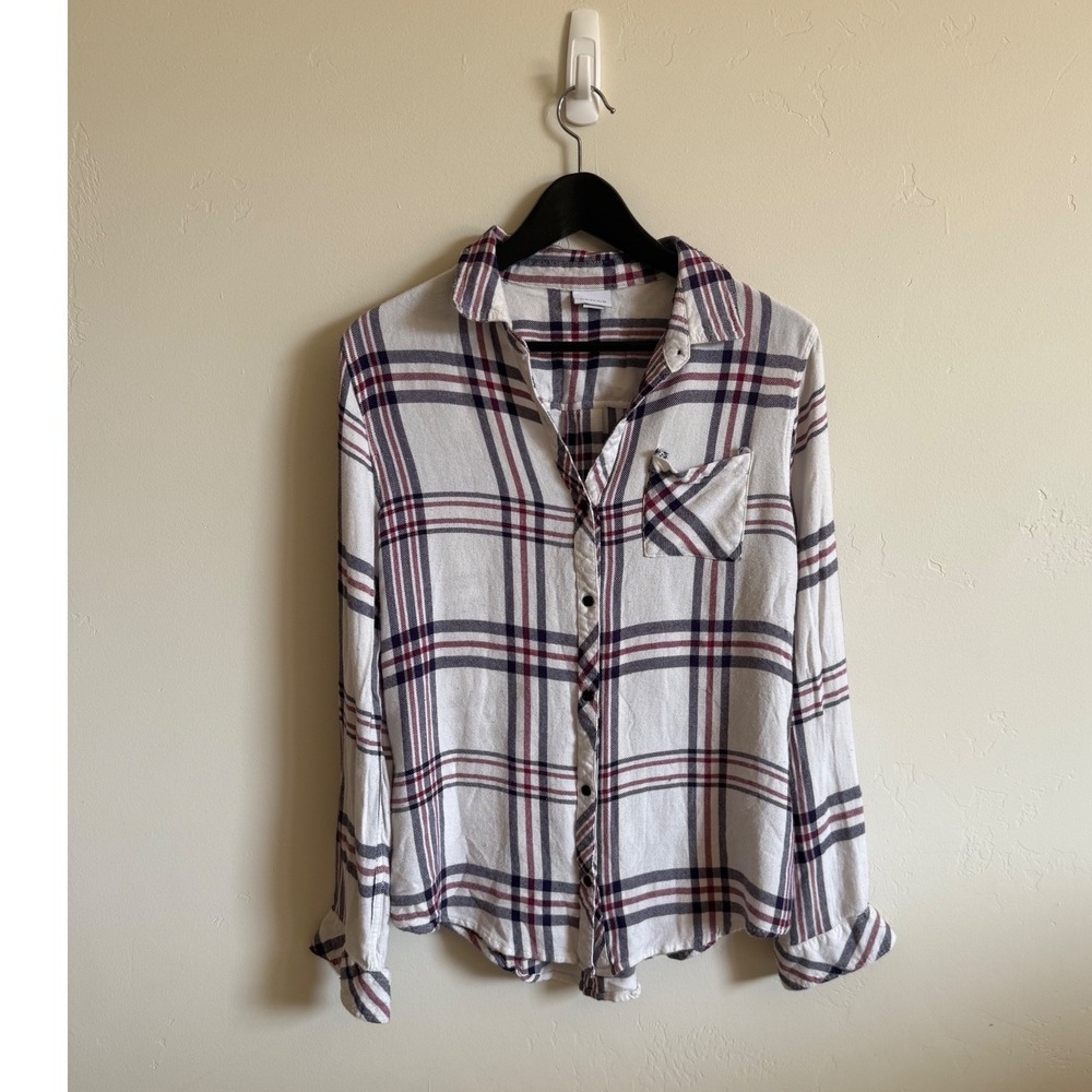 Kenar Womens Large Plaid Button Down Shirt Long Sleeve Rayon White Burgundy Navy